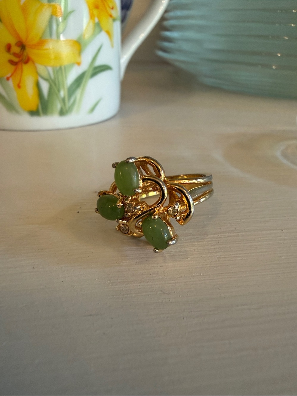 Vintage ESPO Modernist 14K GE Faux Jade Cluster Cocktail Ring Sz 7